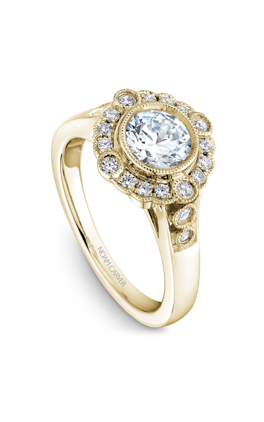 14K Yellow Gold Floral Halo Round Engagement Ring