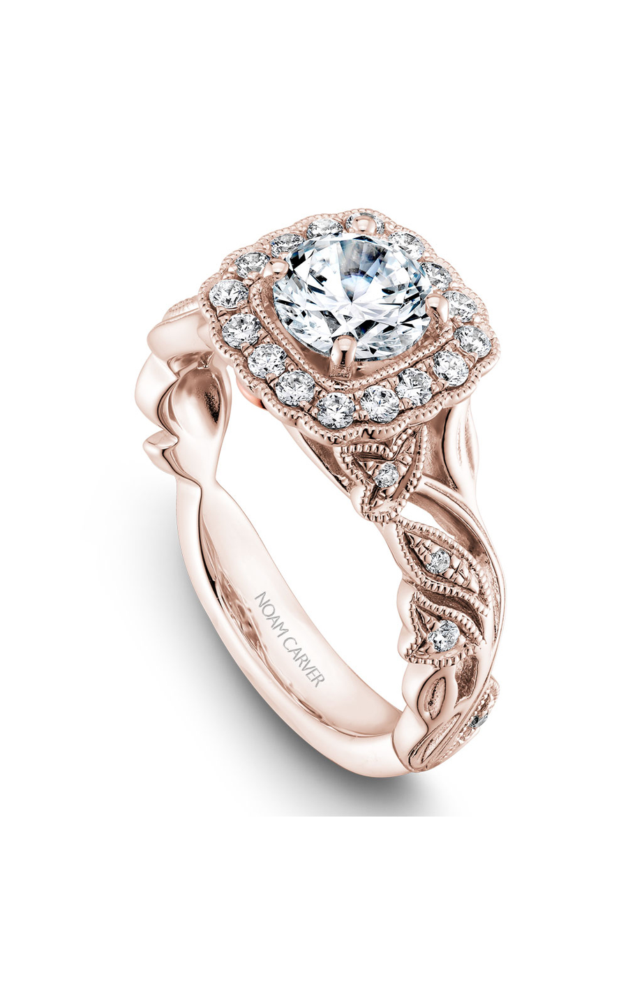 14K Rose Gold Floral Halo Round Engagement Ring