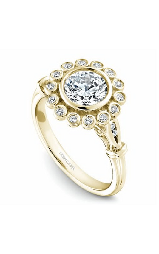 14K Yellow Gold Floral Halo Round Engagement Ring