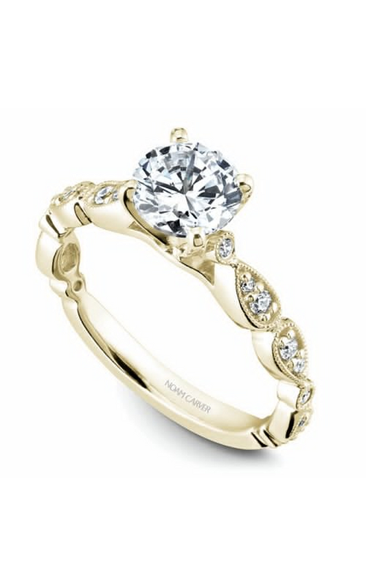 14K Yellow Gold Floral Sidestone Round Engagement Ring