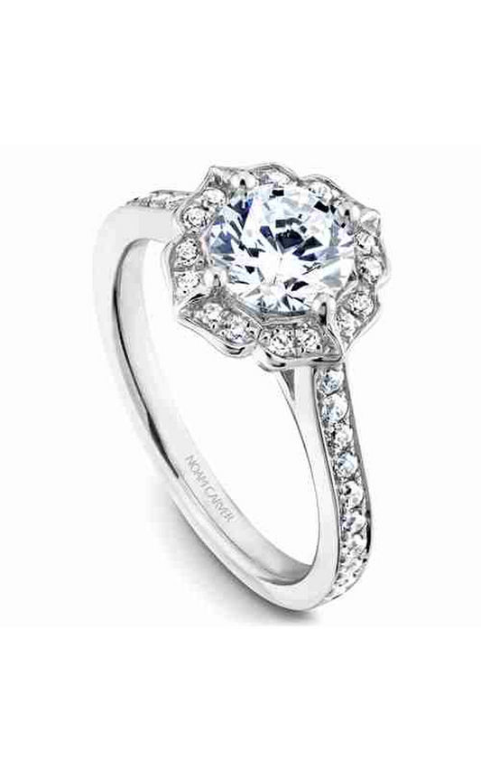 14K White Gold Floral Halo Round Engagement Ring