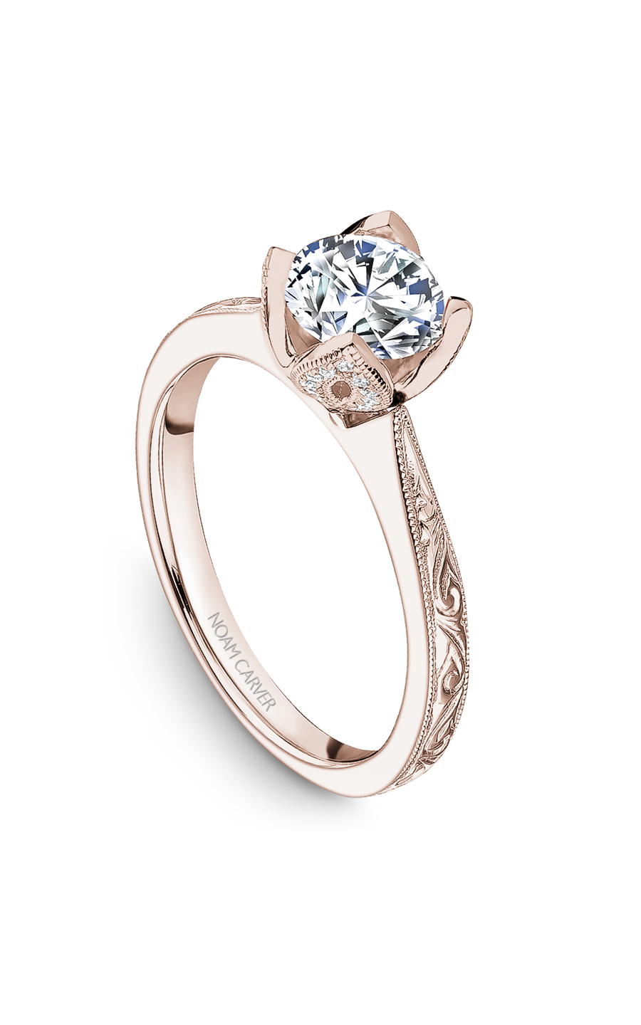 18K Rose Gold Floral Solitaire Round Engagement Ring