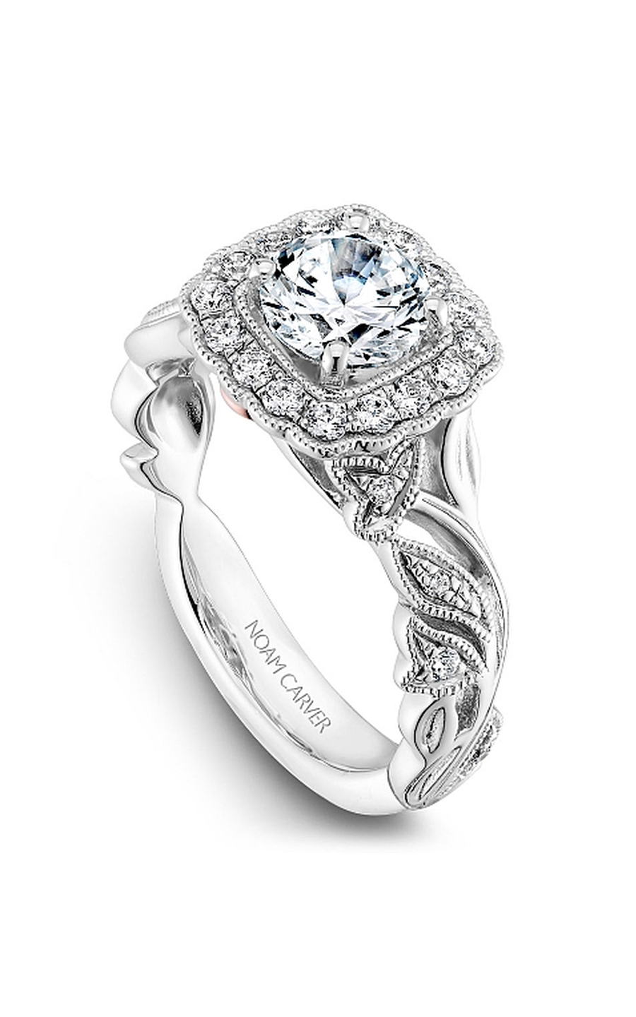 18K White Gold Floral Halo Round Engagement Ring