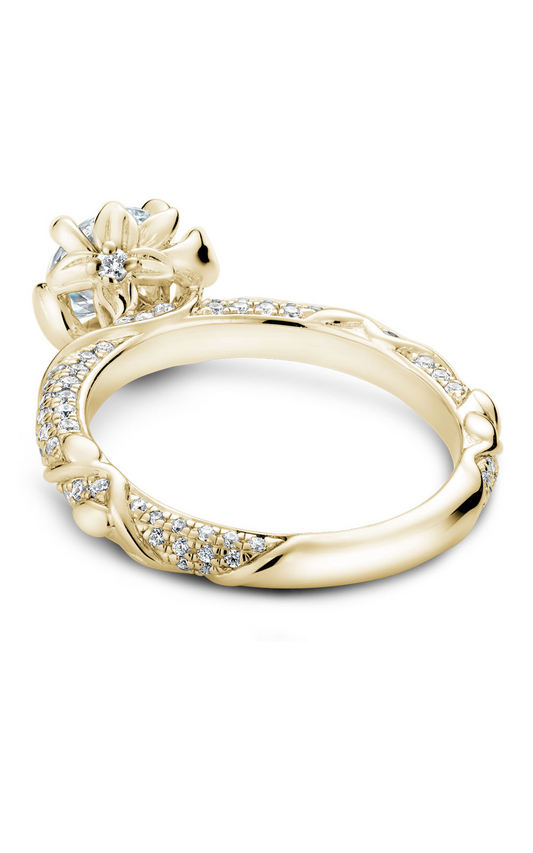 18K Yellow Gold Floral Sidestone Round Engagement Ring
