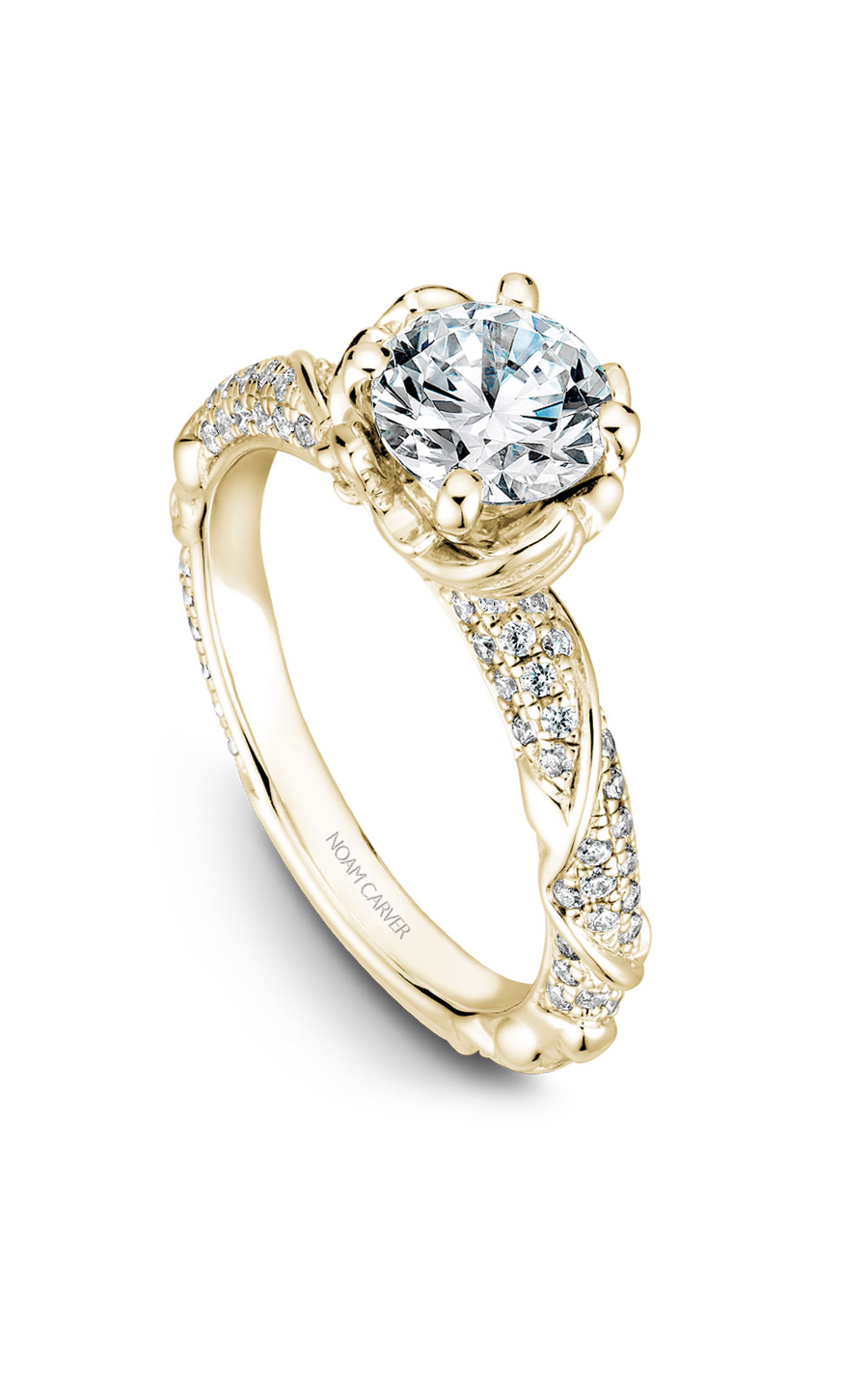 18K Yellow Gold Floral Sidestone Round Engagement Ring