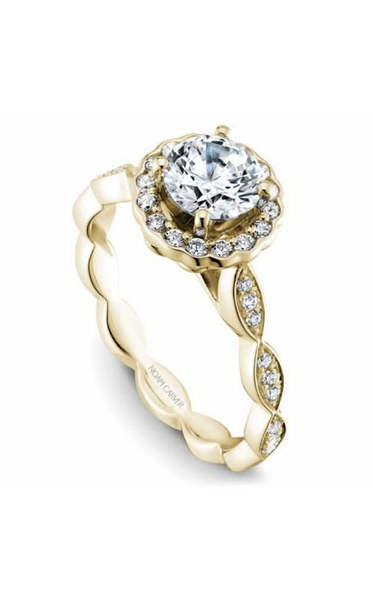 18K Yellow Gold Floral Halo Round Engagement Ring