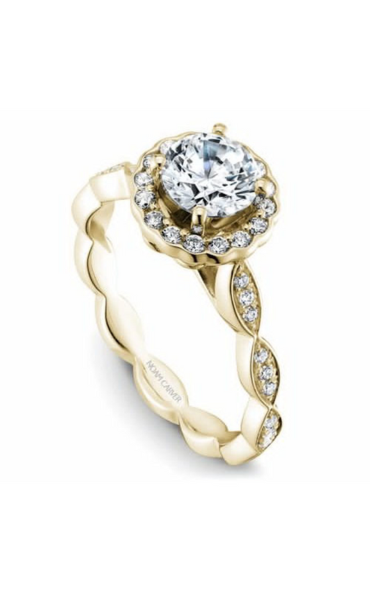 18K Yellow Gold Floral Halo Round Engagement Ring