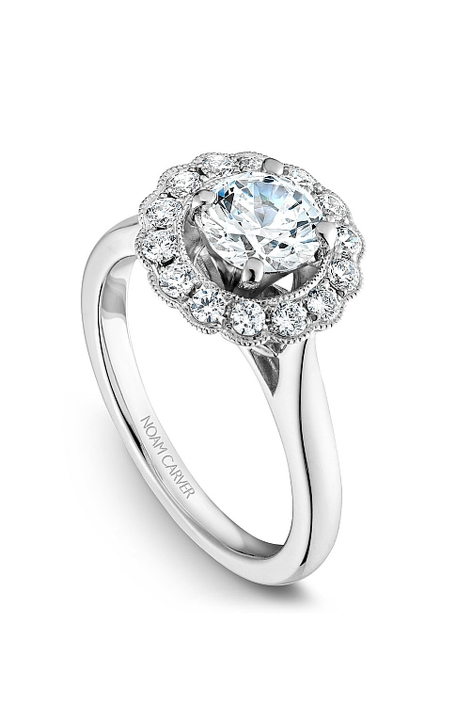 18K White Gold Floral Halo Round Engagement Ring