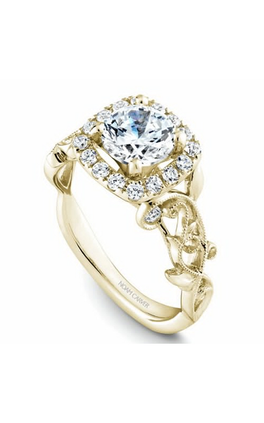 18K Yellow Gold Floral Halo Round Engagement Ring