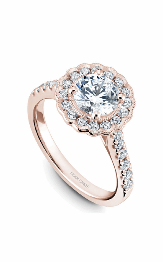 18K Rose Gold Floral Halo Round Engagement Ring
