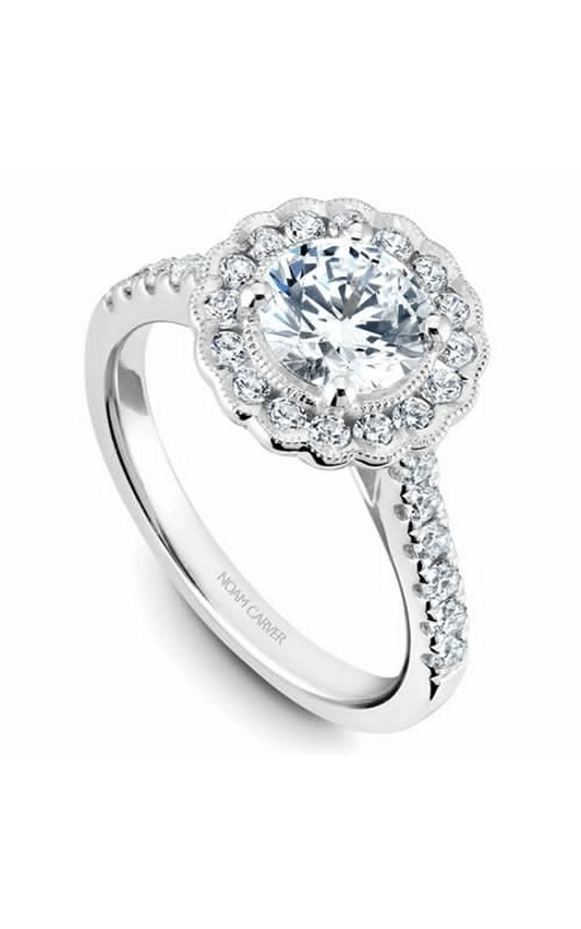 18K White Gold Floral Halo Round Engagement Ring