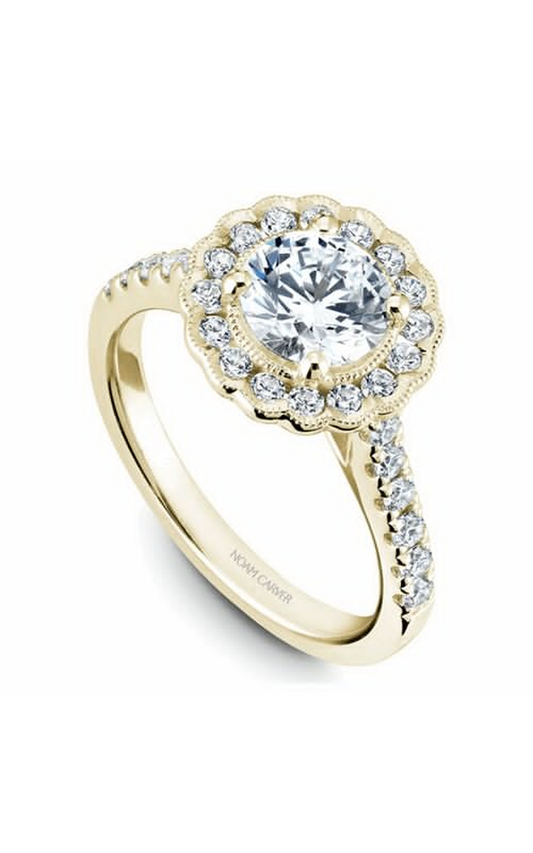 18K Yellow Gold Floral Halo Round Engagement Ring