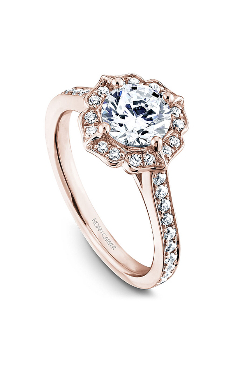 18K Rose Gold Floral Halo Round Engagement Ring