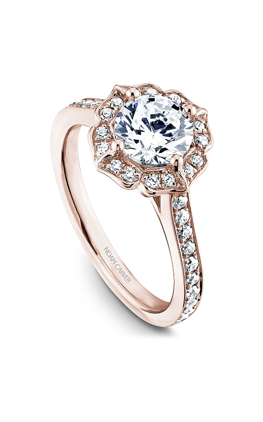 18K Rose Gold Floral Halo Round Engagement Ring