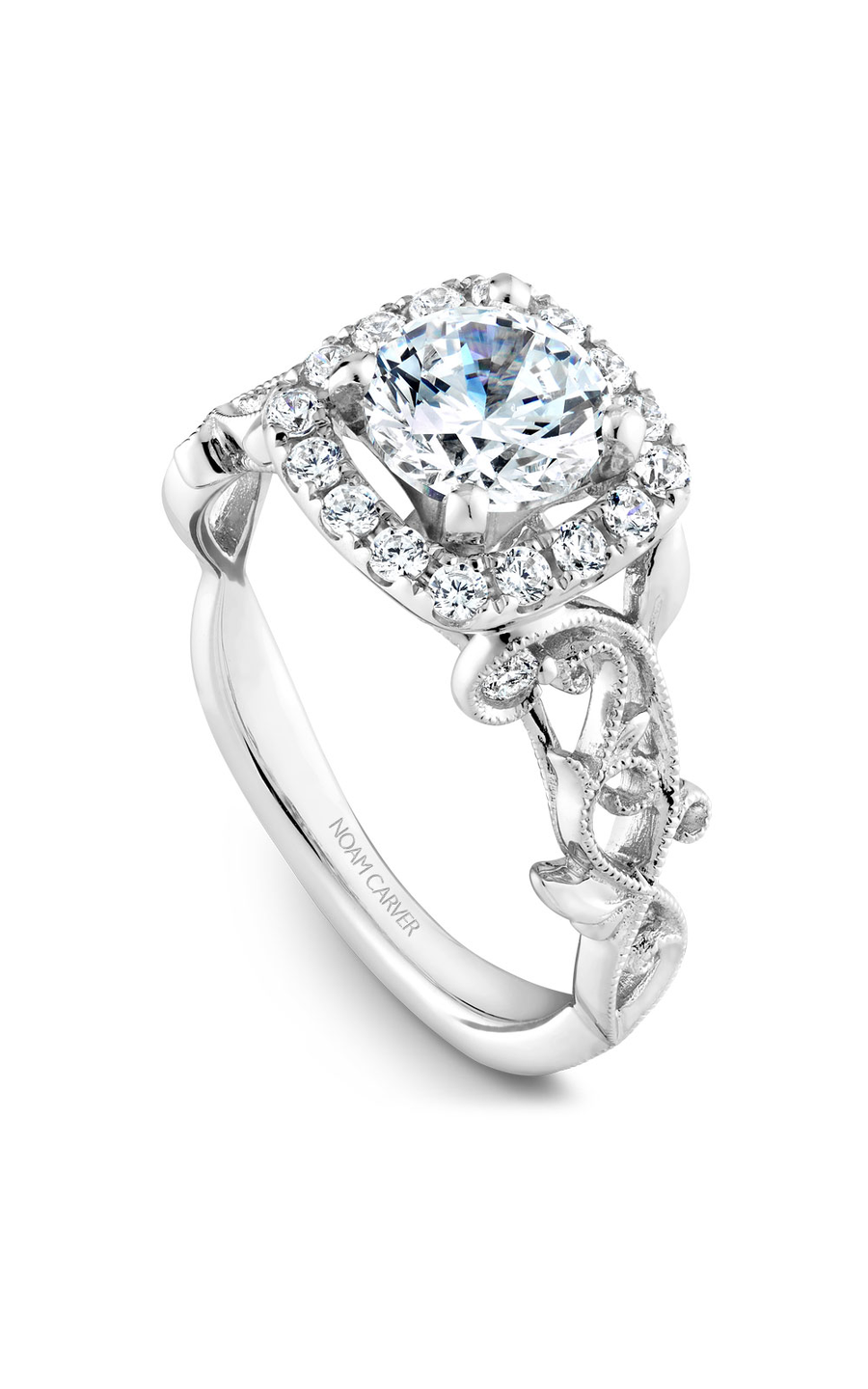 Platinum Floral Halo Round Engagement Ring