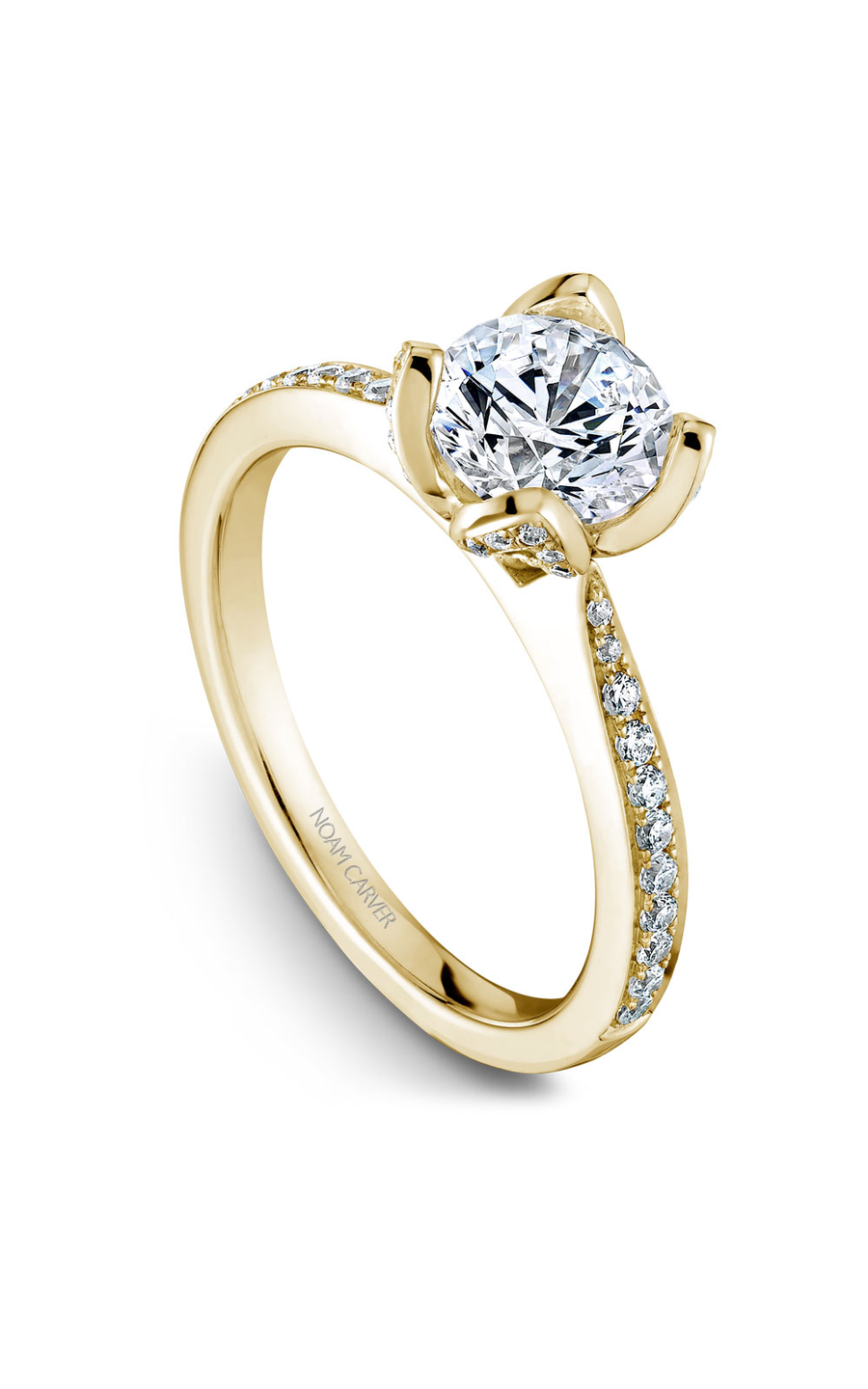 18K Yellow Gold Floral Sidestone Round Engagement Ring