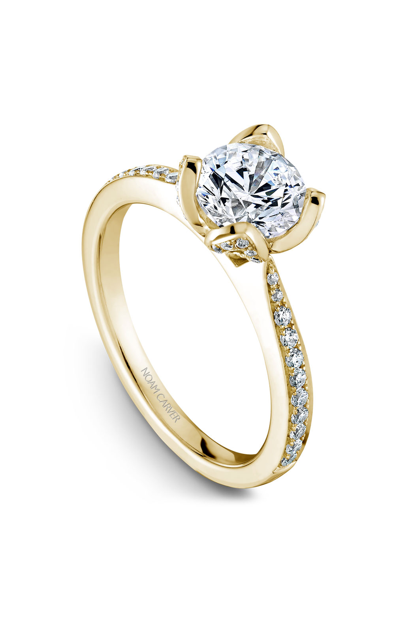 18K Yellow Gold Floral Sidestone Round Engagement Ring