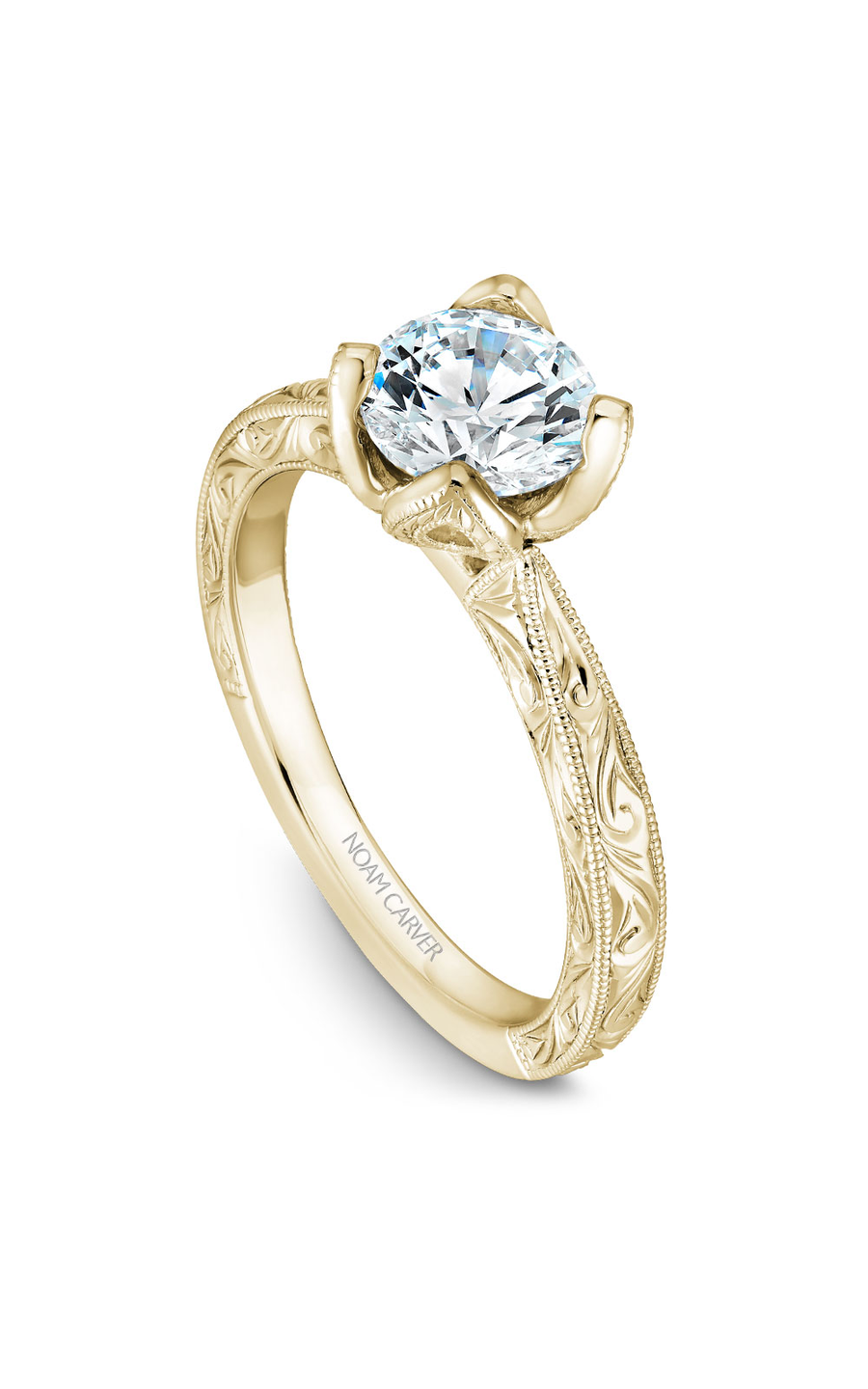 18K Yellow Gold Floral Solitaire Round Engagement Ring