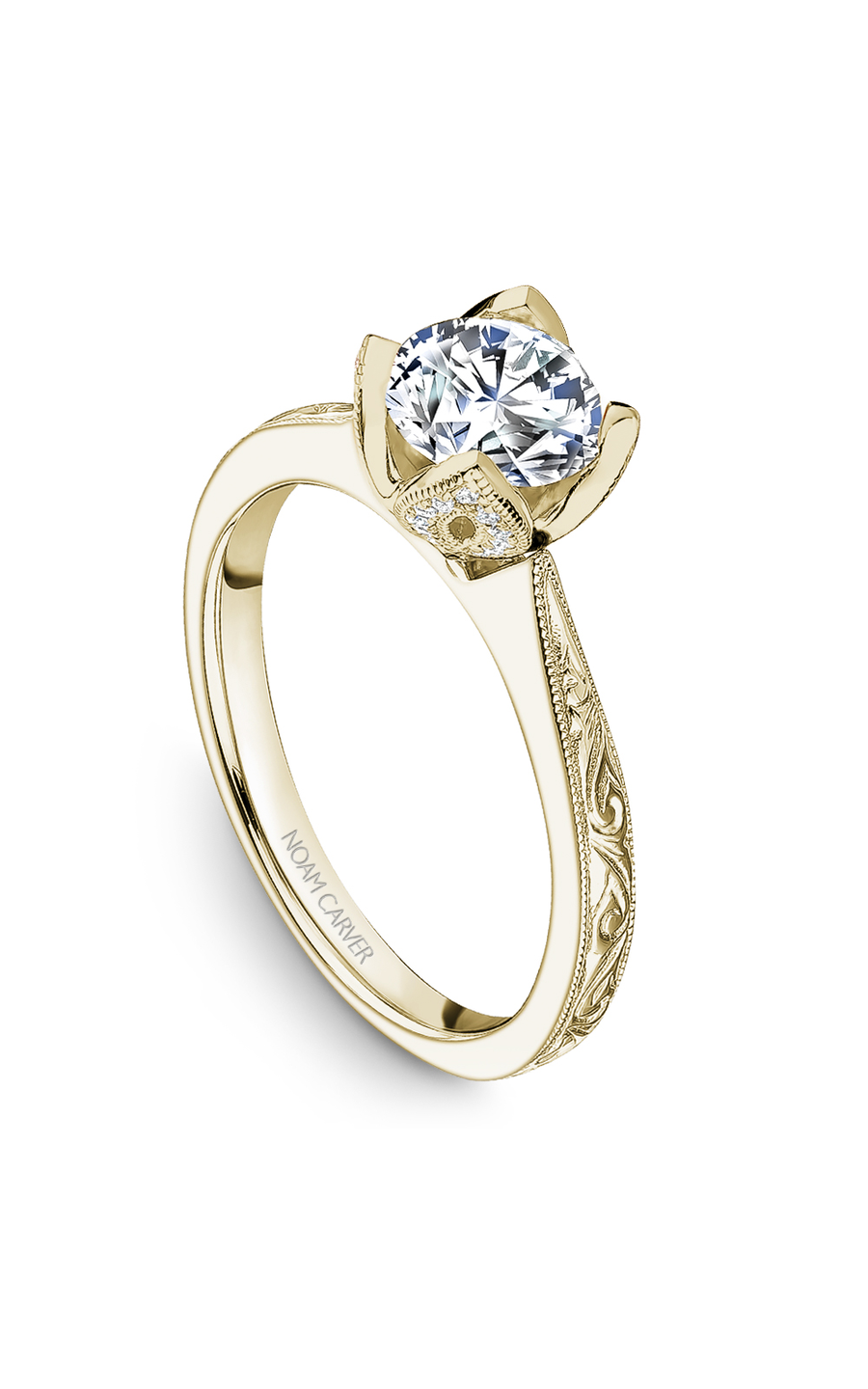18K Yellow Gold Floral Solitaire Round Engagement Ring