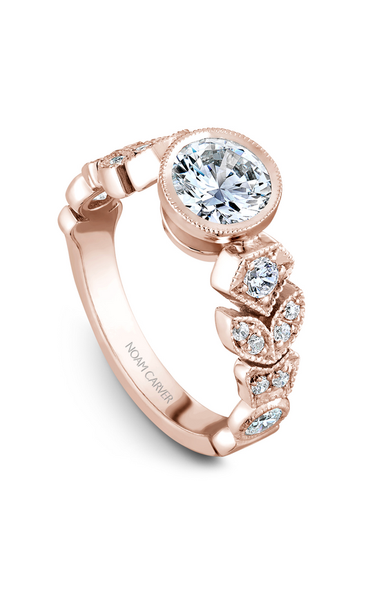 18K Rose Gold Floral Sidestone Round Engagement Ring
