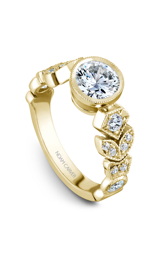 18K Yellow Gold Floral Sidestone Round Engagement Ring