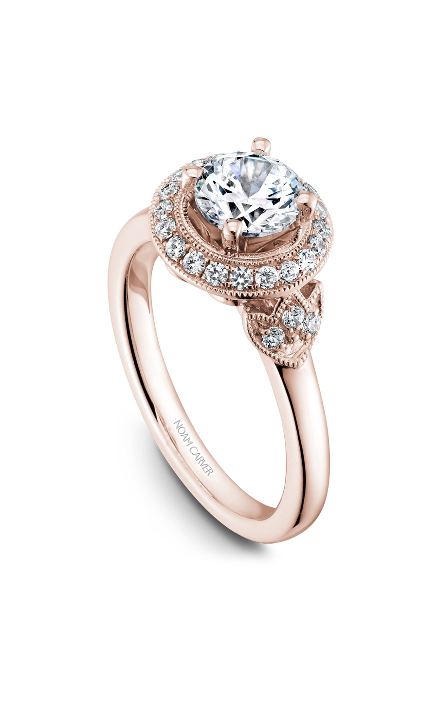 14K Rose Gold Floral Halo Round Engagement Ring