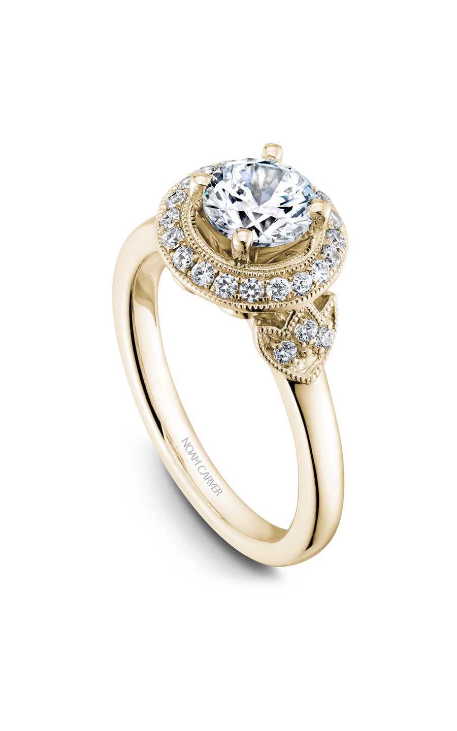 14K Yellow Gold Floral Halo Round Engagement Ring