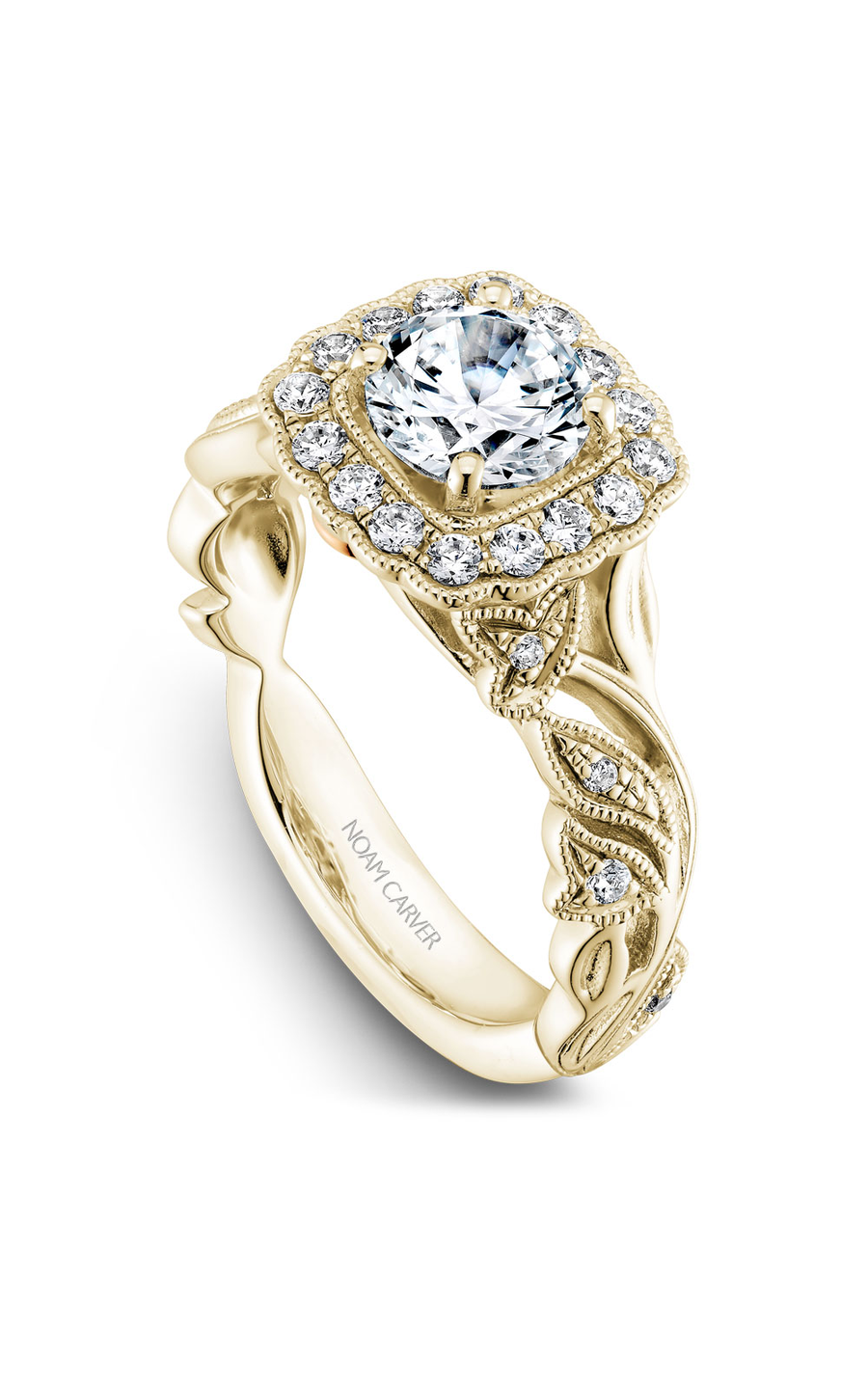 14K Yellow Gold Floral Halo Round Engagement Ring