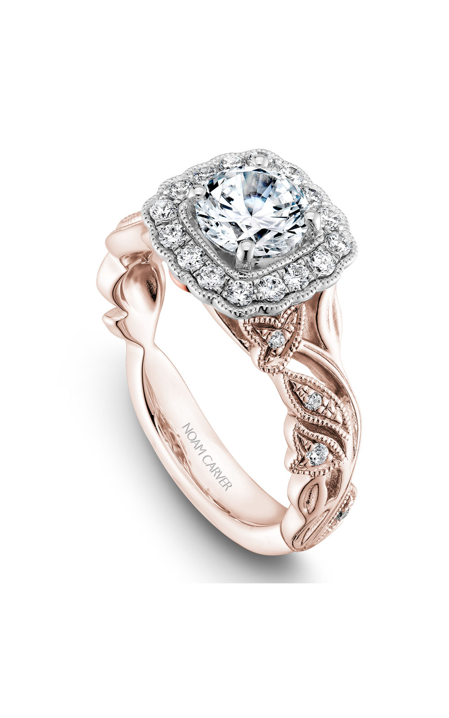 14K Rose Gold and 14K White Gold Floral Halo Round Engagement Ring
