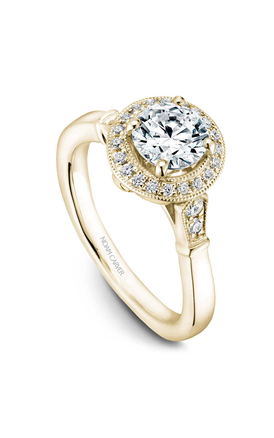 14K Yellow Gold Floral Halo Round Engagement Ring