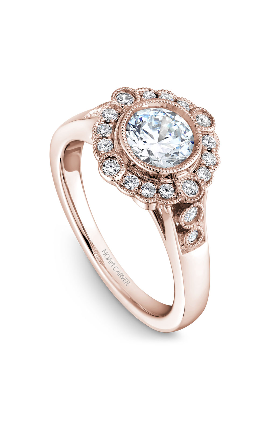 14K Rose Gold Floral Halo Round Engagement Ring