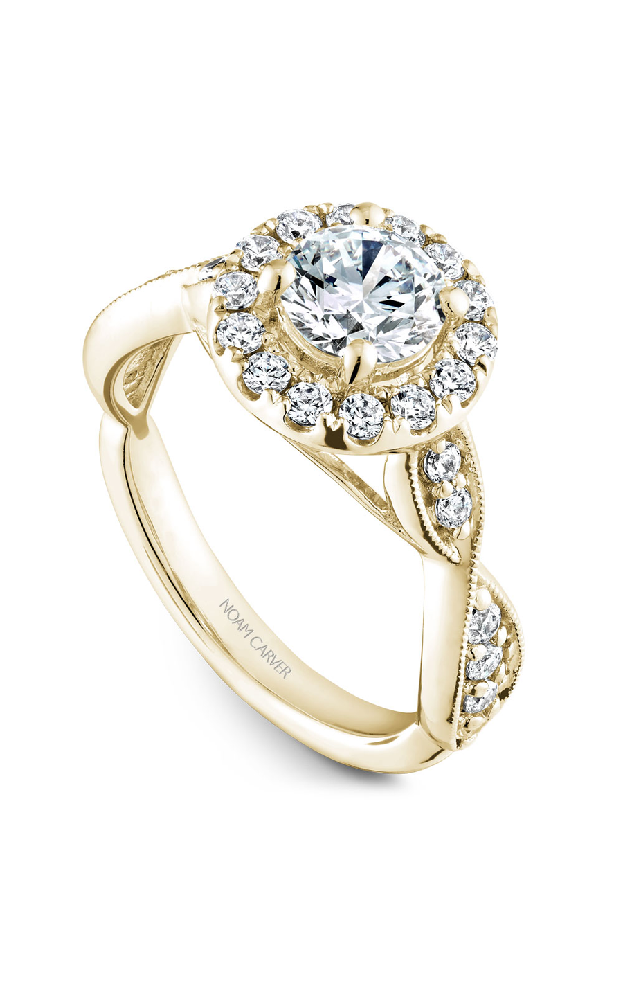 18K Yellow Gold Floral Halo Round Engagement Ring
