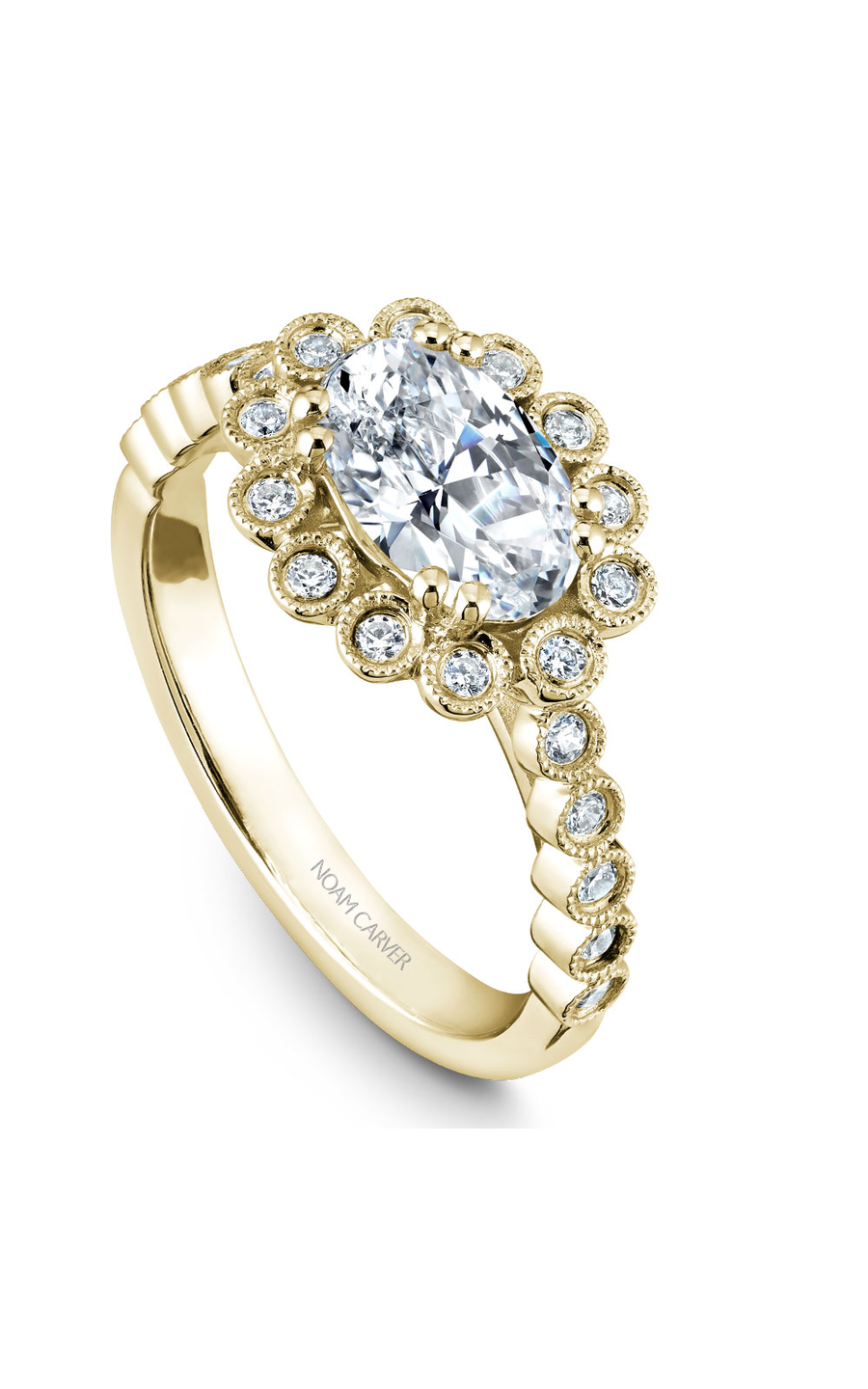 18K Yellow Gold Floral Halo Oval Engagement Ring