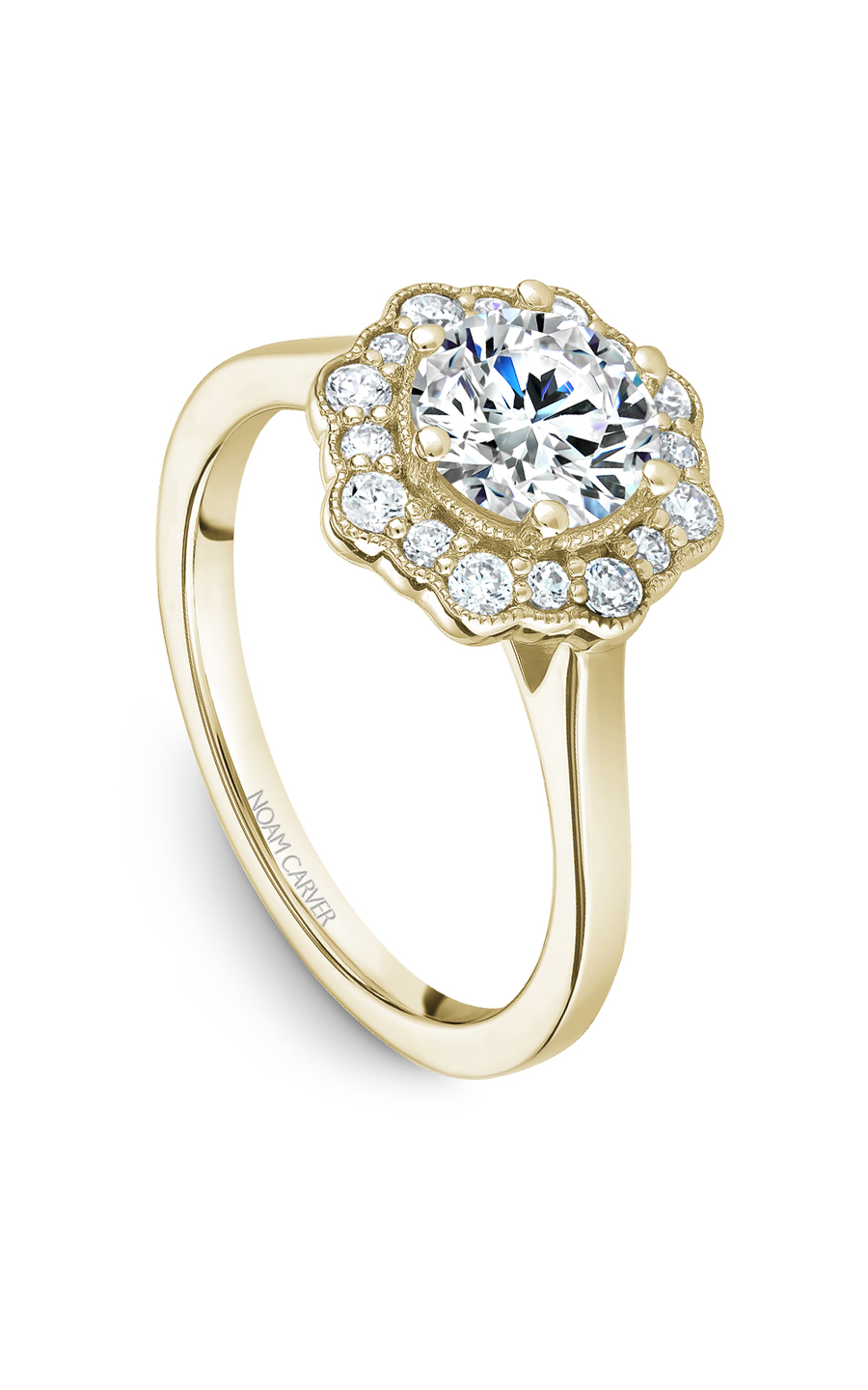 18K Yellow Gold Floral Halo Round Engagement Ring