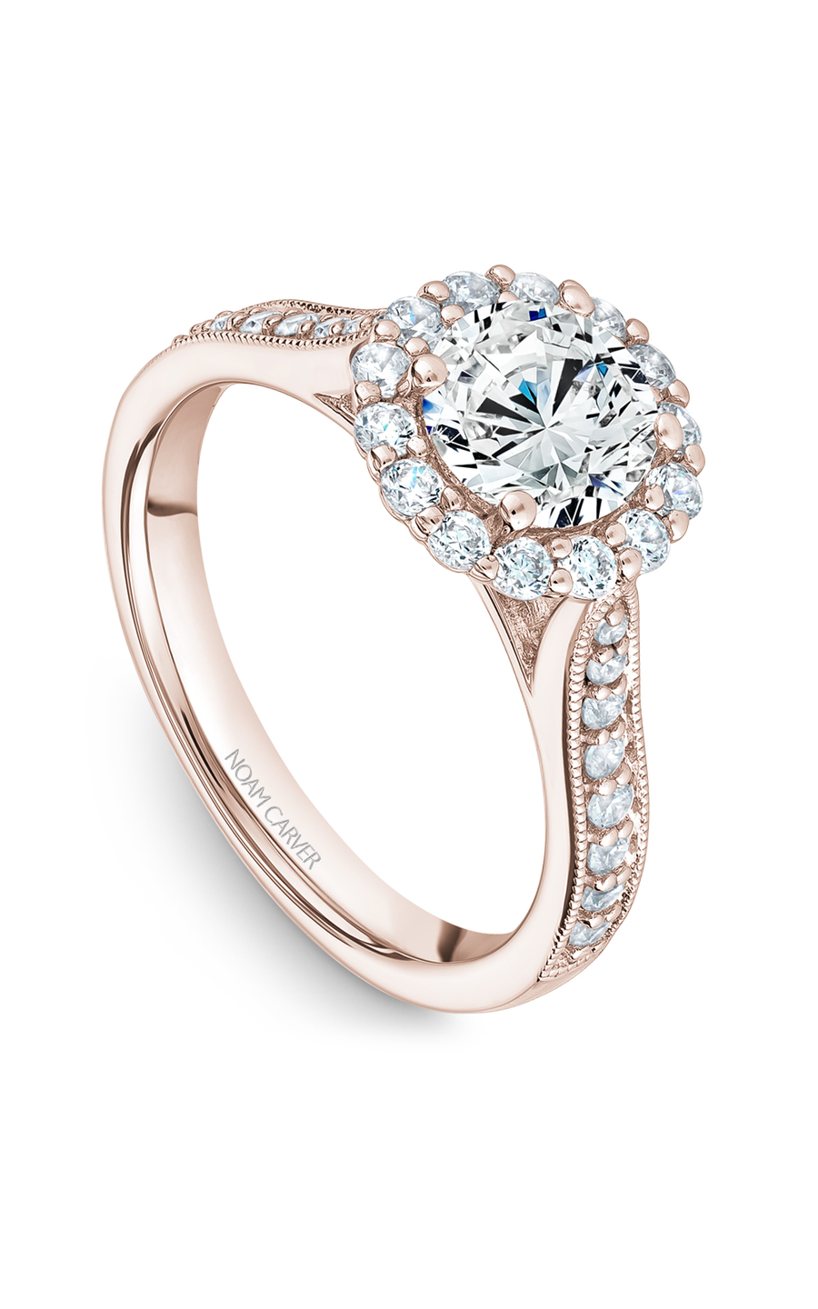 18K Rose Gold Floral Halo Round Engagement Ring