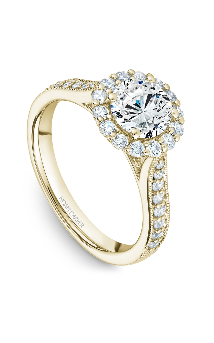 18K Yellow Gold Floral Halo Round Engagement Ring