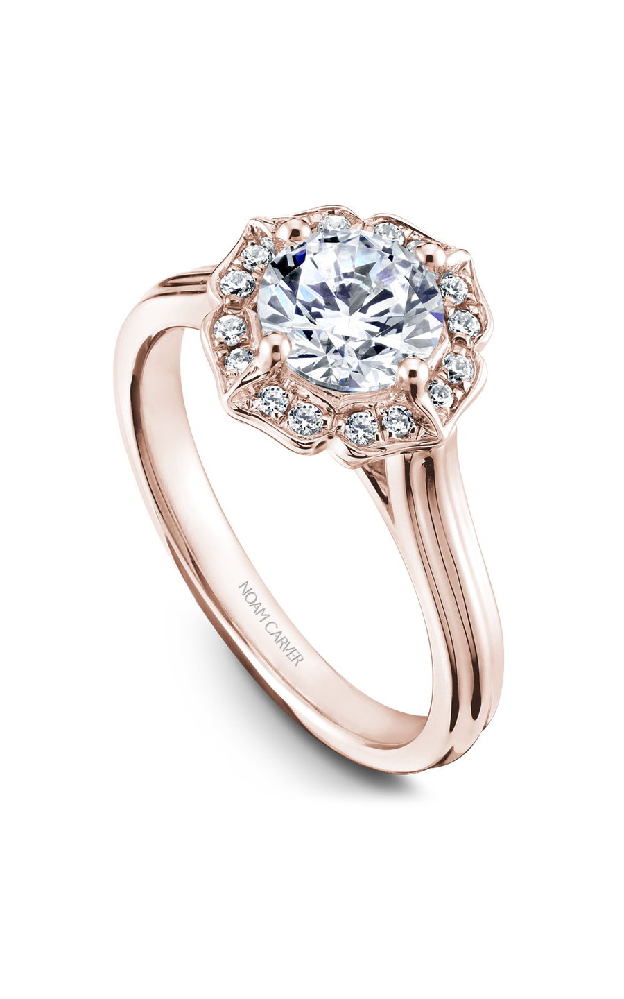14K Rose Gold Floral Halo Round Engagement Ring