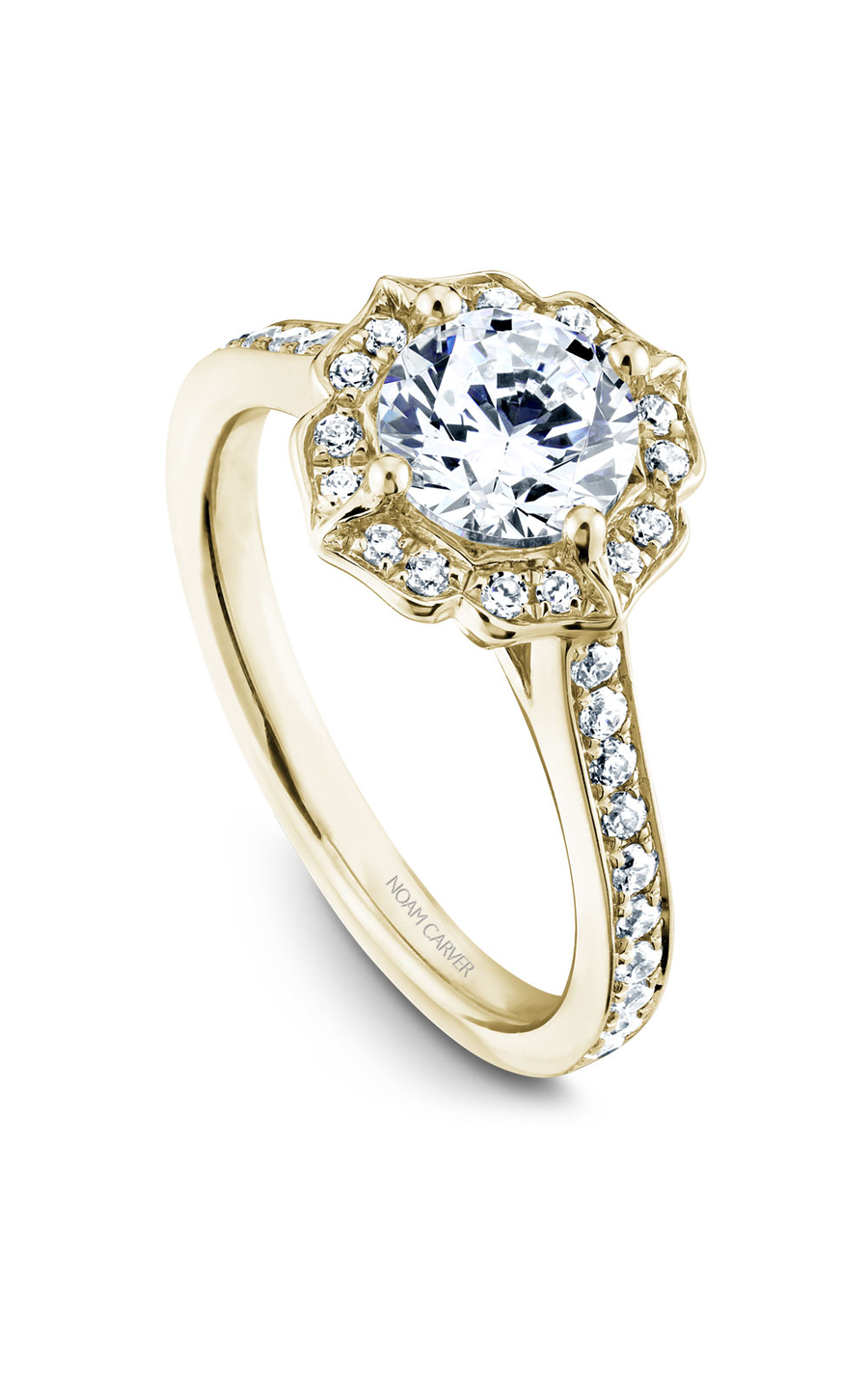 18K Yellow Gold Floral Halo Round Engagement Ring