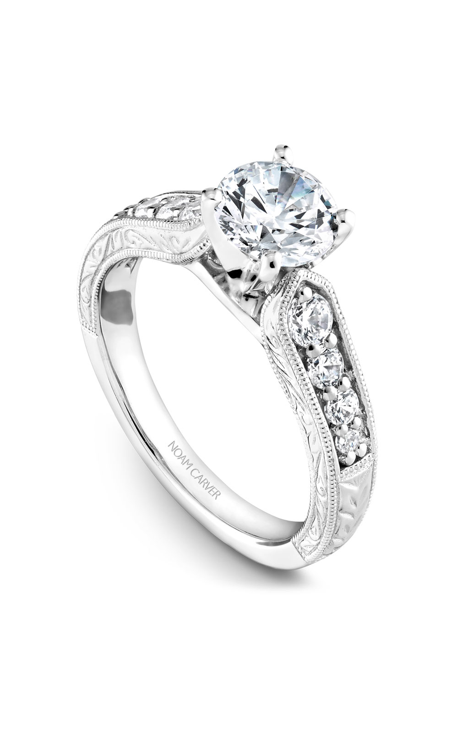 14K White Gold Modern Sidestone Round Engagement Ring