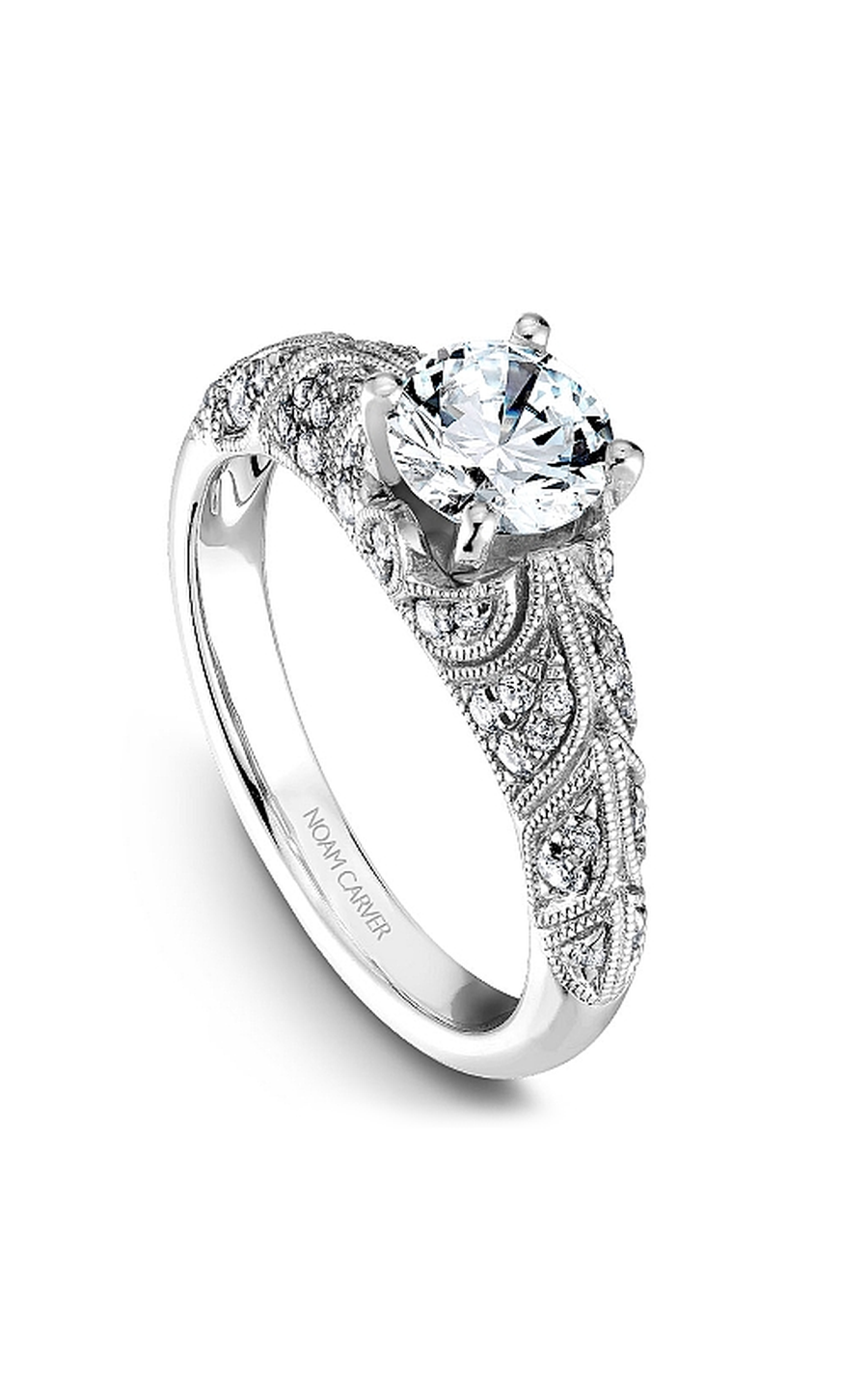 14K White Gold Vintage Sidestone Round Engagement Ring