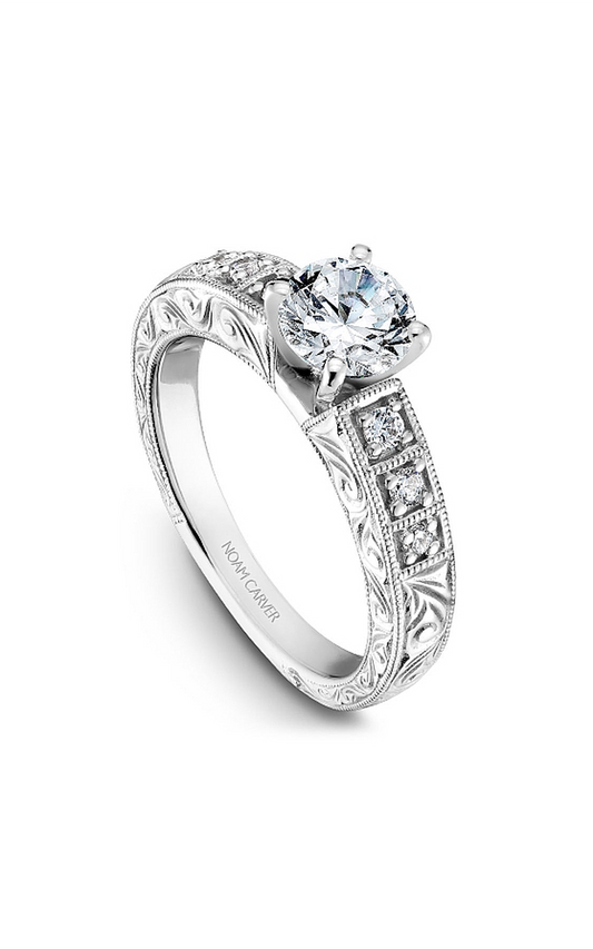 14K White Gold Vintage Sidestone Round Engagement Ring