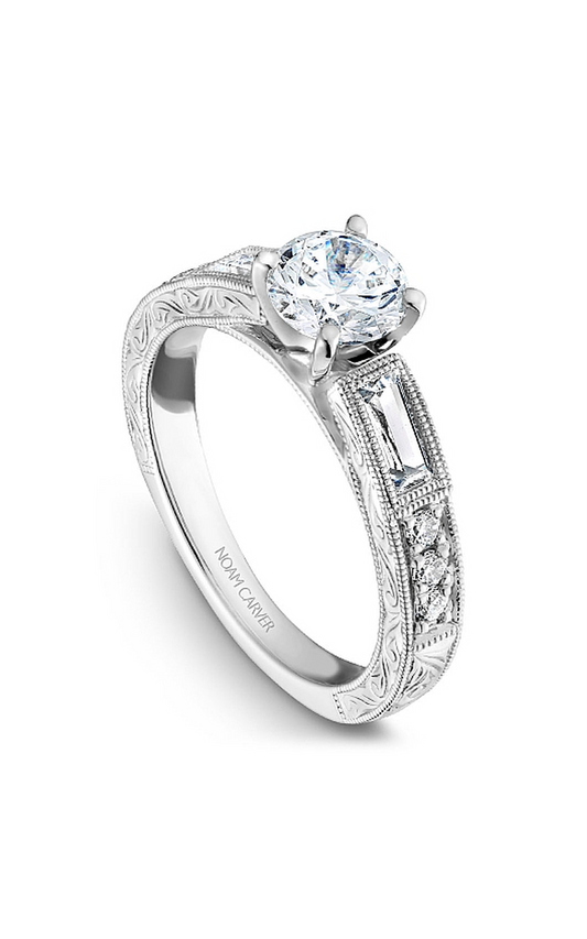 14K White Gold Vintage Baguette and Round Engagement Ring