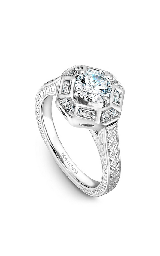 14K White Gold Vintage Baguette and Round Engagement Ring
