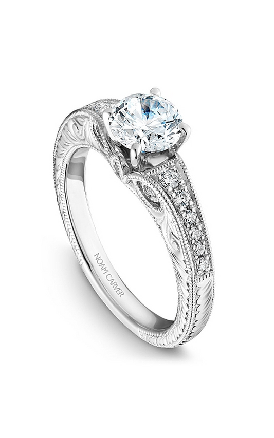 18K White Gold Vintage Sidestone Round Engagement Ring