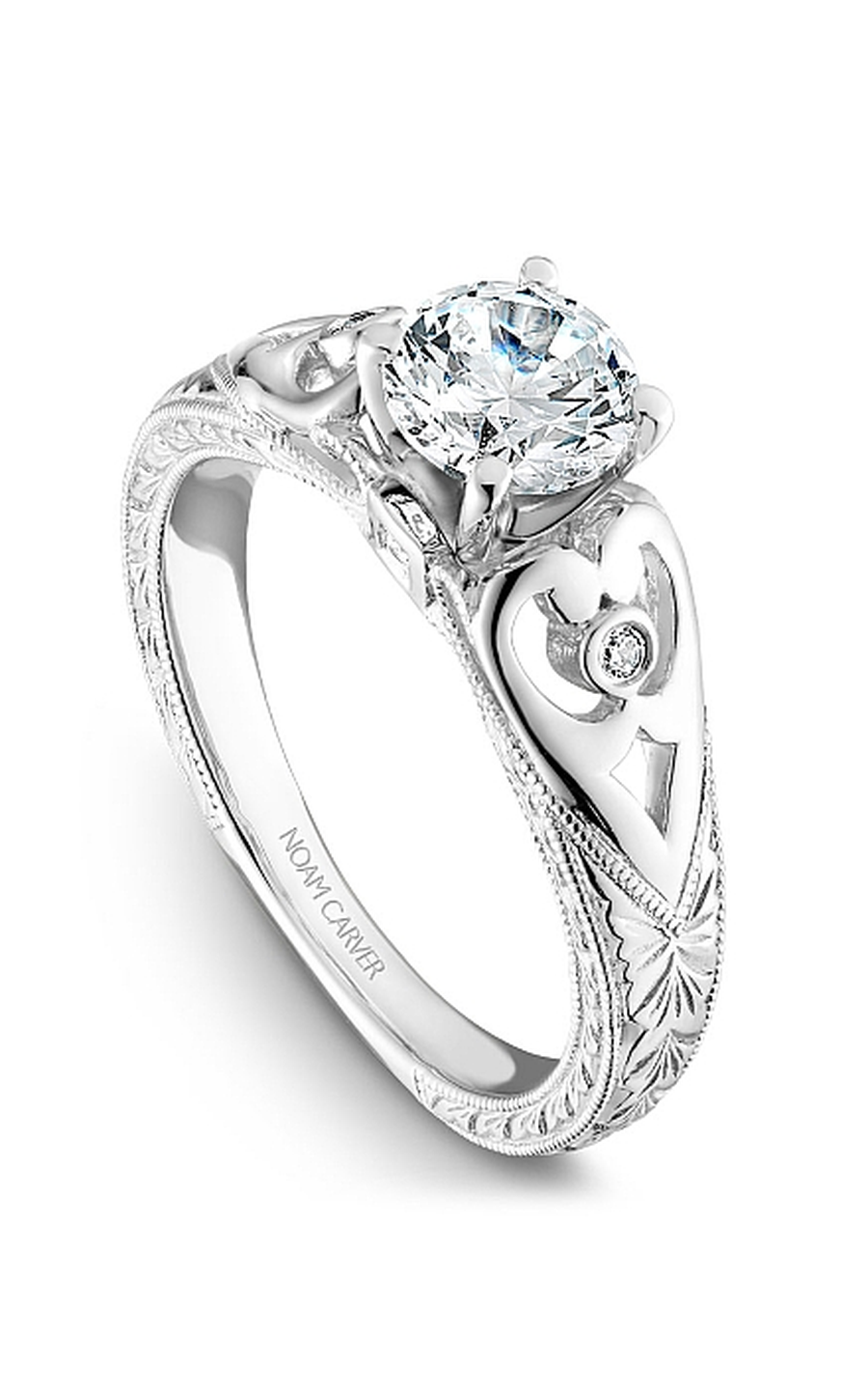 18K White Gold Vintage Sidestone Round Engagement Ring