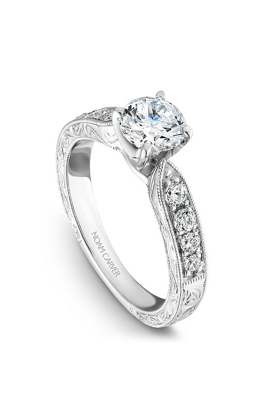 18K White Gold Vintage Sidestone Round Engagement Ring