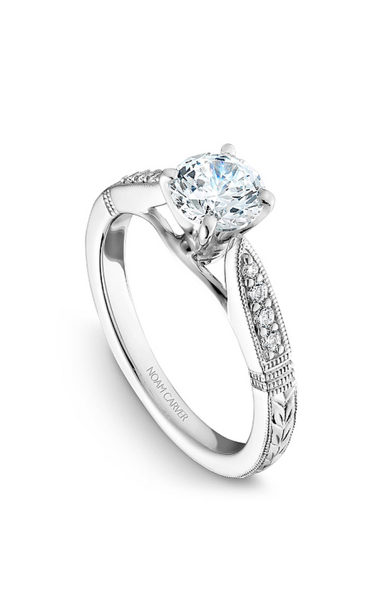18K White Gold Vintage Sidestone Round Engagement Ring