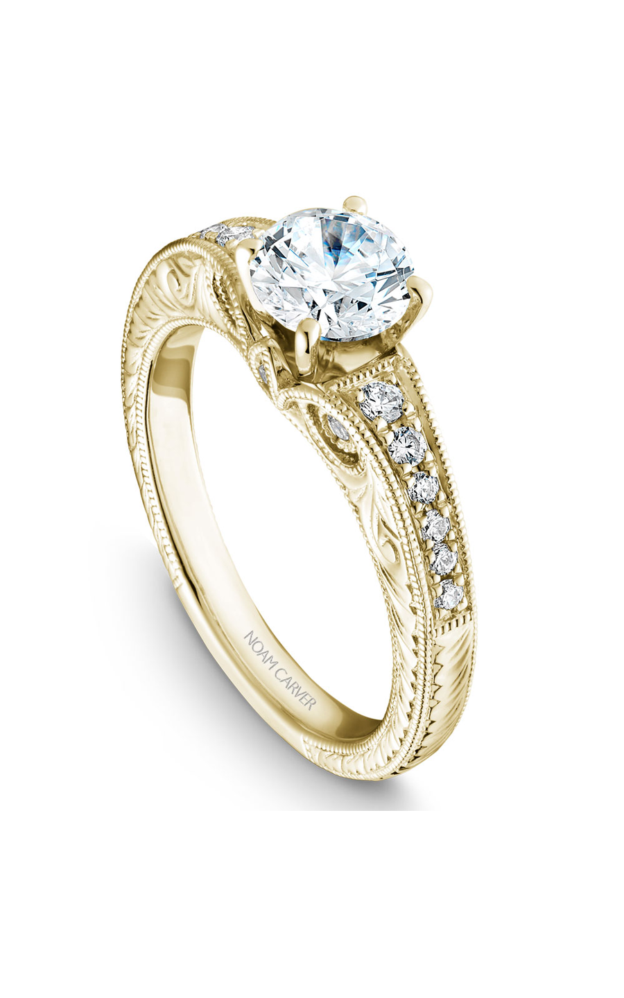 14K Yellow Gold Vintage Sidestone Round Engagement Ring