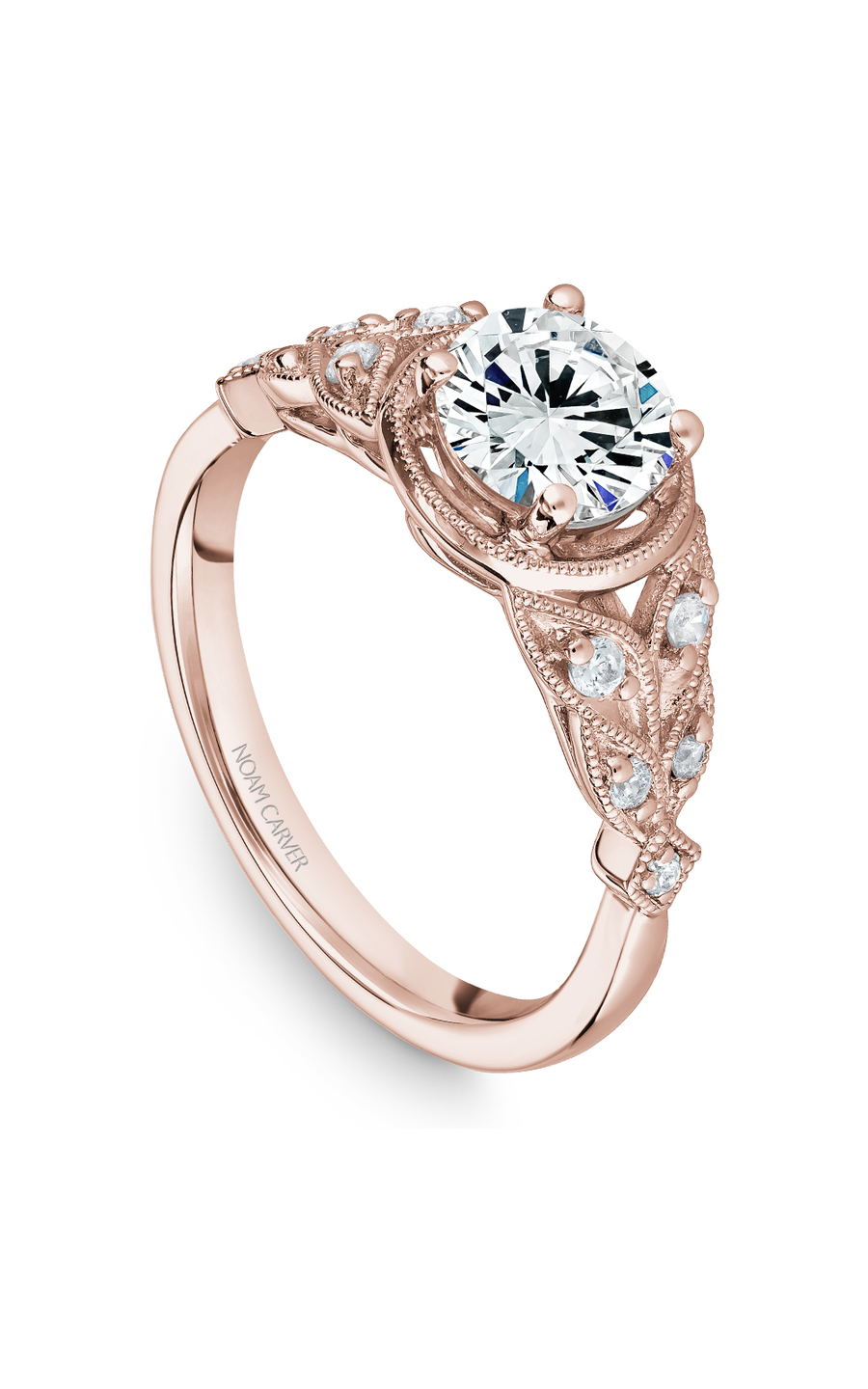 18K Rose Gold Vintage Sidestone Round Engagement Ring