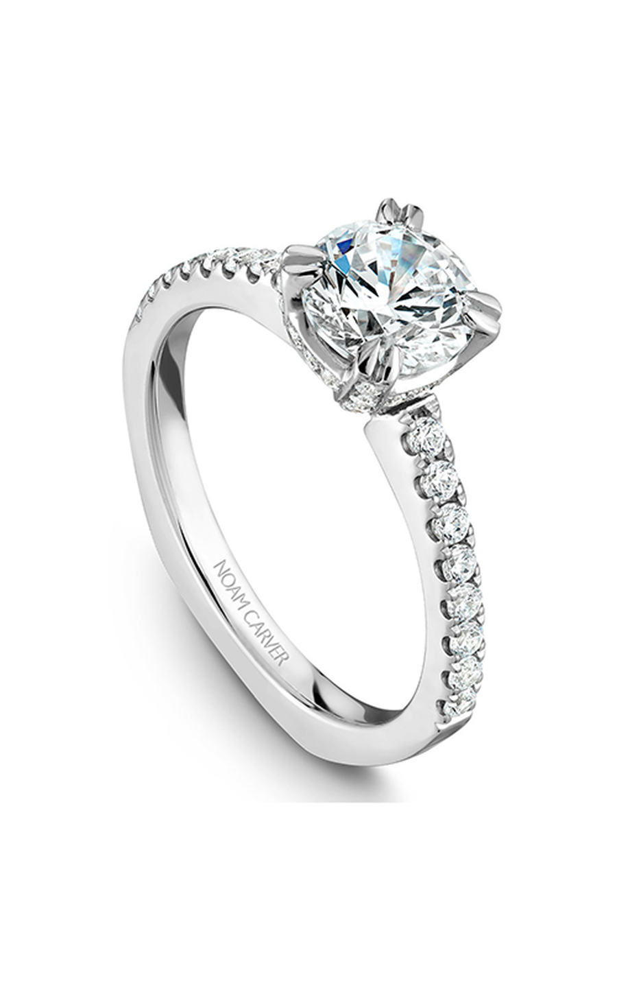 14K White Gold Solitaire Sidestone Round Engagement Ring